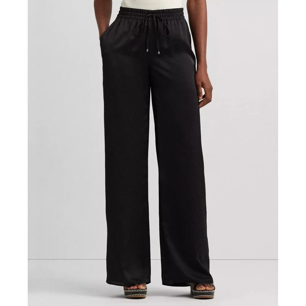 Lauren Ralph Lauren Womens Wide-Leg drawcord waist Satin Charmeuse Pants Black M - Picture 2 of 12